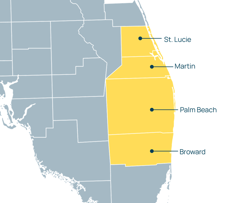 Service coverage map: Broward, Palm Beach, Martin, and St. Lucie Counties